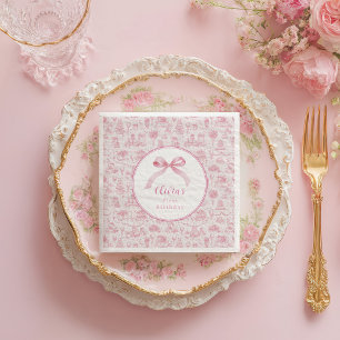 Servilleta De Papel Pink Toile Coquette Bow Primer Chica de cumpleaños