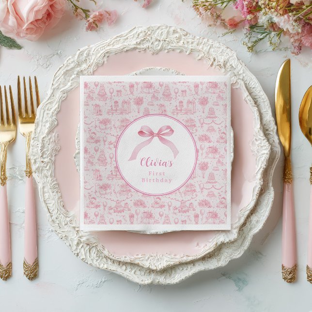 Servilleta De Papel Pink Toile Coquette Bow Primer Chica de cumpleaños (pink coquette 1st birthday  for baby girl with ribbon)