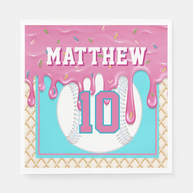 Servilleta De Papel Pink & Turquoise Baseball Drip Birthday Party (Anverso)