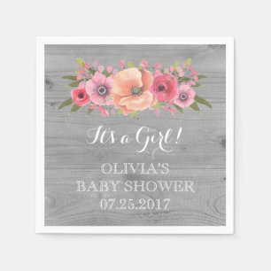 Servilleta De Papel Pink Vintage Watercolor Floral Wood Baby Shower