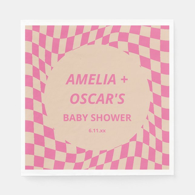 Servilleta De Papel Pink Wavy Checker Couples Baby Shower Names (Anverso)