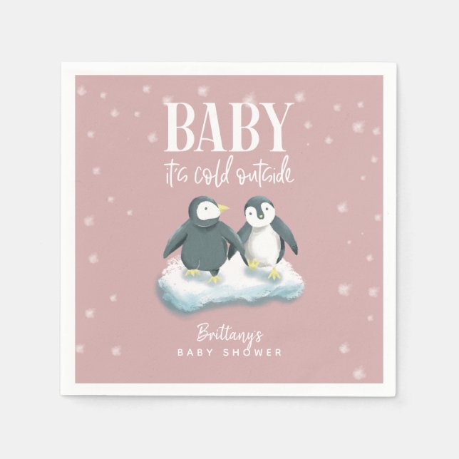 Servilleta De Papel Pink Winter Wonderland Theme Penguin Baby Shower (Anverso)