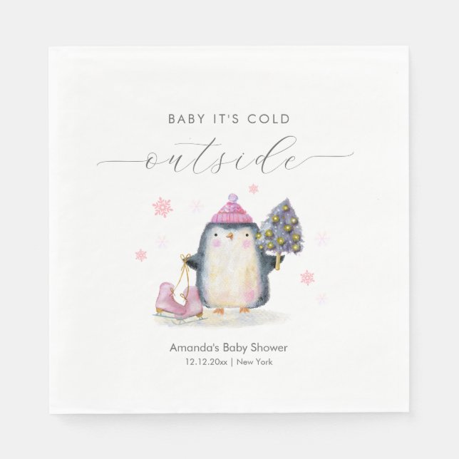 Servilleta De Papel Pink Winter Woodland Skate Penguin Baby Shower  (Anverso)