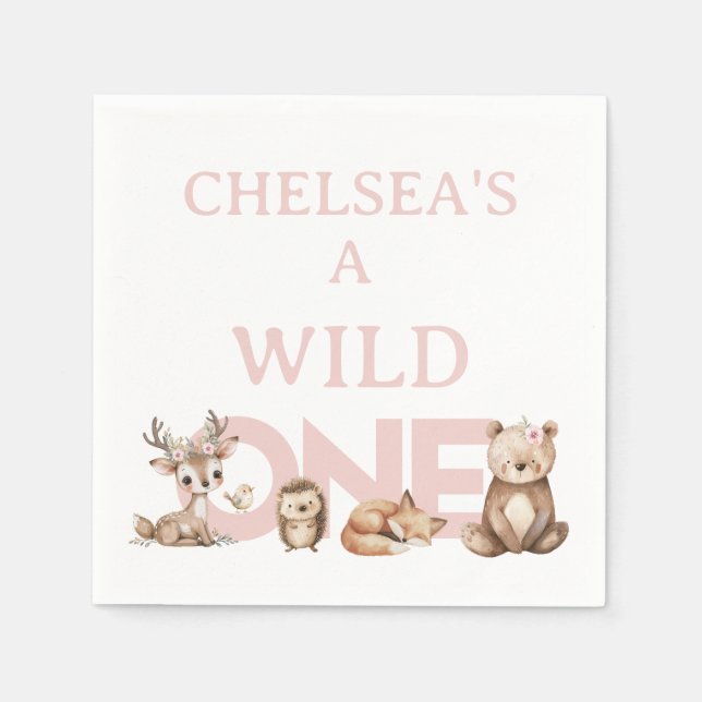 Servilleta De Papel Pink Woodland Wild One First Birthday (Anverso)