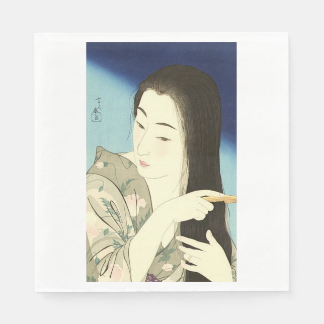 Servilleta De Papel Pintando su pelo (bella mujer asiática) (Kotondo) (Anverso)