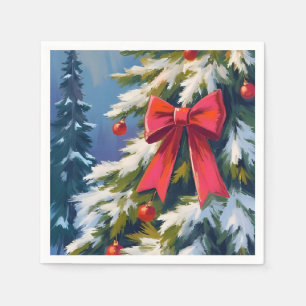 Servilleta De Papel Pintura Acuarela Árbol de Navidad Cinta Roja Navid