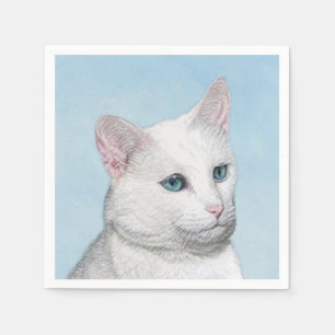 Servilleta De Papel Pintura de gato blanco - Arte de gato original lin