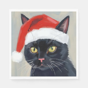 Servilleta De Papel Pintura de gato negro de Navidad sombrero de Santa