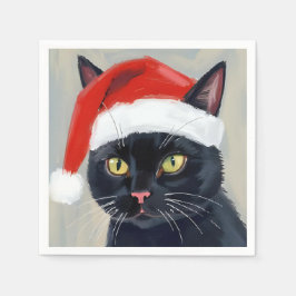 Servilleta De Papel Pintura de Navidad de Gato Negro con Sombrero de S