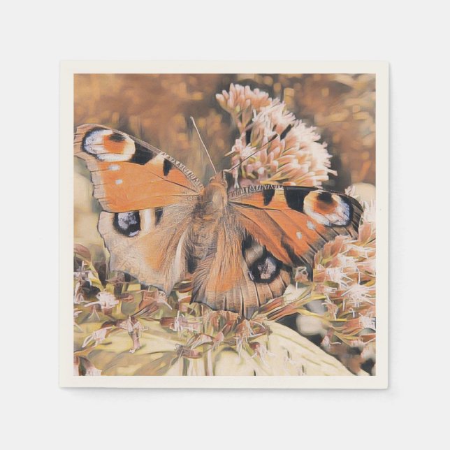 Servilleta De Papel Pintura de una mariposa naranja sobre las flores (Anverso)