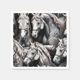 Servilleta De Papel Pintura detallada de caballos en arte blanco y neg