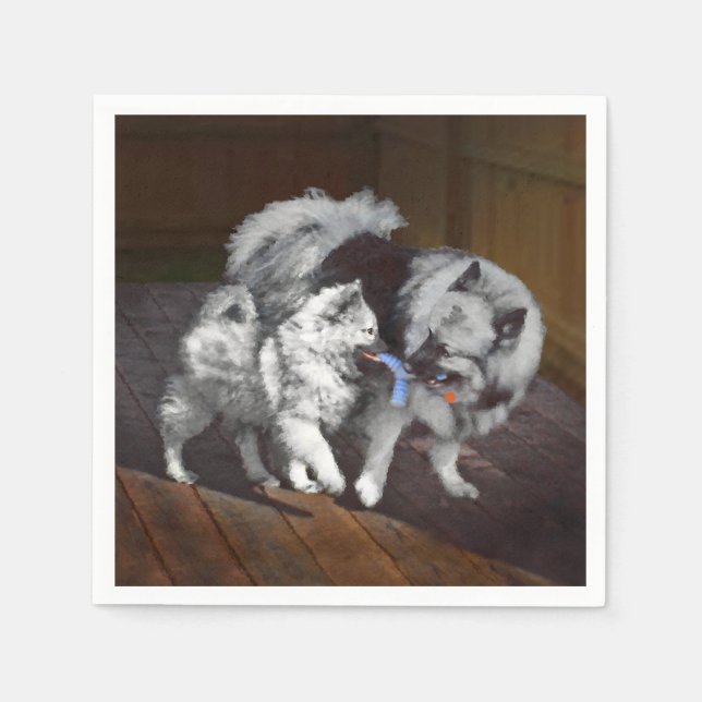 Servilleta De Papel Pintura Keeshond Playtime - Arte Perro Original. (Anverso)