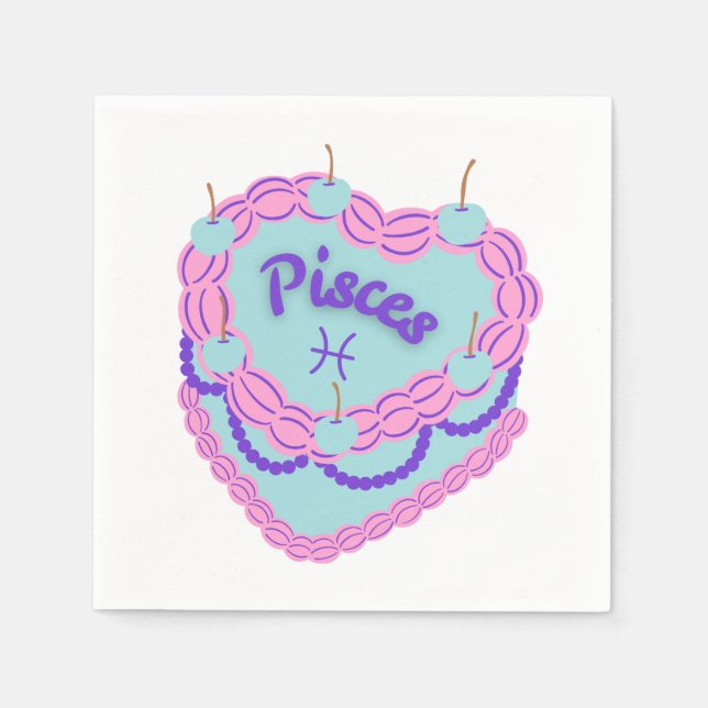 Servilleta De Papel Pisces Zodiac Pastel Corazón Pastel de Cumpleaños (Anverso)