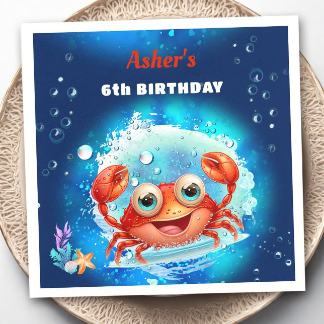 Servilleta De Papel Piscina de natalidad azul de la marina cangrejo Fi (Crab Navy Blue Birthday Pool Party Boy Custom Age Napkins)