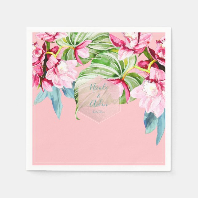 Servilleta De Papel PixDezines Pink Orchid+Palmas Boda Tropical (Anverso)