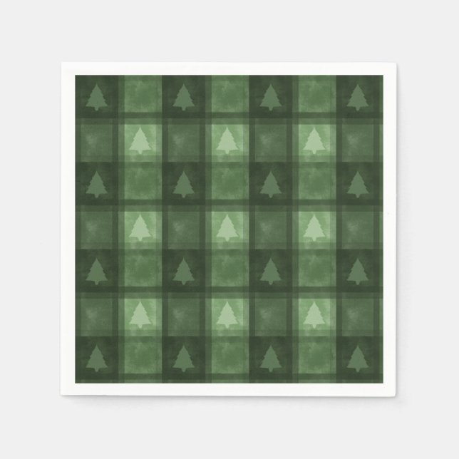 Servilleta De Papel Plaid Decorativo Verde Con Árboles De Navidad (Anverso)