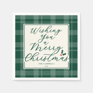 Servilleta De Papel Plaid Verde Oscuro Deseándote una Feliz Navidad