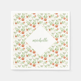 Servilleta De Papel Plantas Domésticas En Cuencos Cerámicos Patrón De