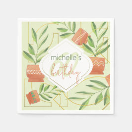 Servilleta De Papel Plantas Frescas En Cuencas De Cerámica Acuarela