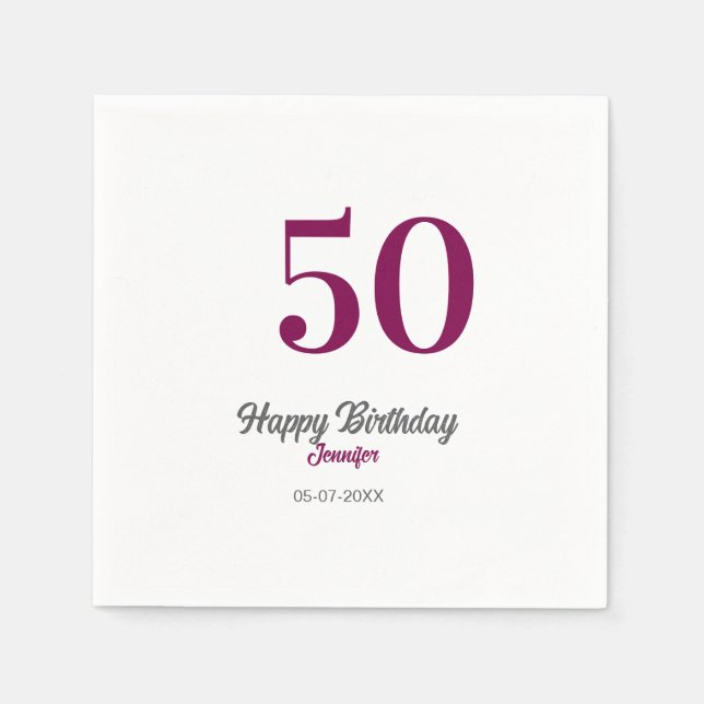 Servilleta De Papel plantilla de cumpleaños 50 nombre fecha año malva (Anverso)