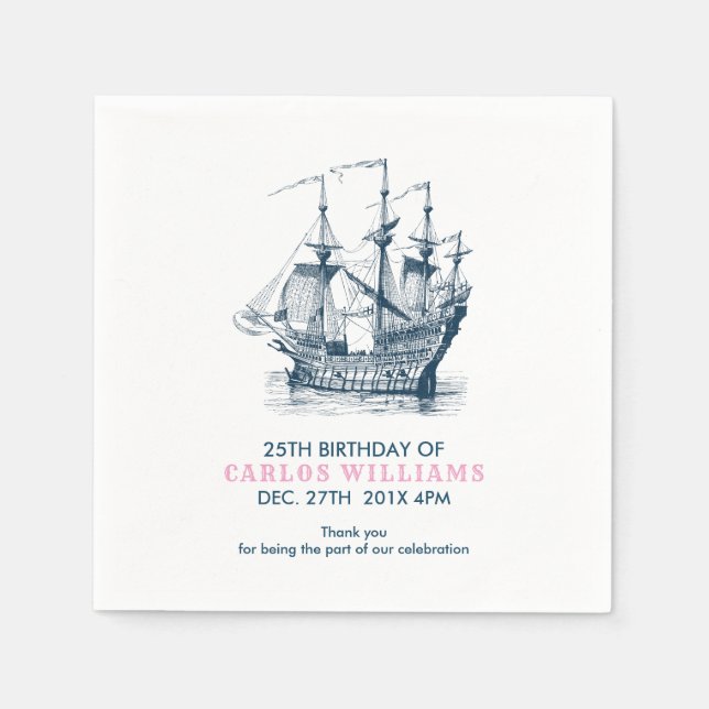 Servilleta De Papel Plantilla de Cumpleaños de Barco Náutico Azul (Anverso)