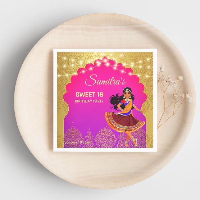 Servilleta De Papel Plantilla de la fiesta de cumpleaños de las niñas  (Indian Bollywood girls birthday party template printed Napkins cute cartoon pink and gold party )