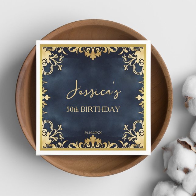 Servilleta De Papel Plantilla de la fiesta ornamental de cumpleaños de (Black and gold ornamental birthday party template napkins personalized party tableware 50ieth 60ieth)
