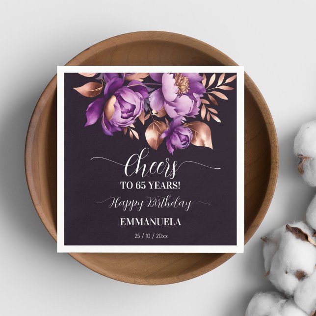 Servilleta De Papel Plantilla de peonatos púrpura de la fiesta de cump (Birthday party tableware purple peonies template Napkins personalized name adults birthday napkins)