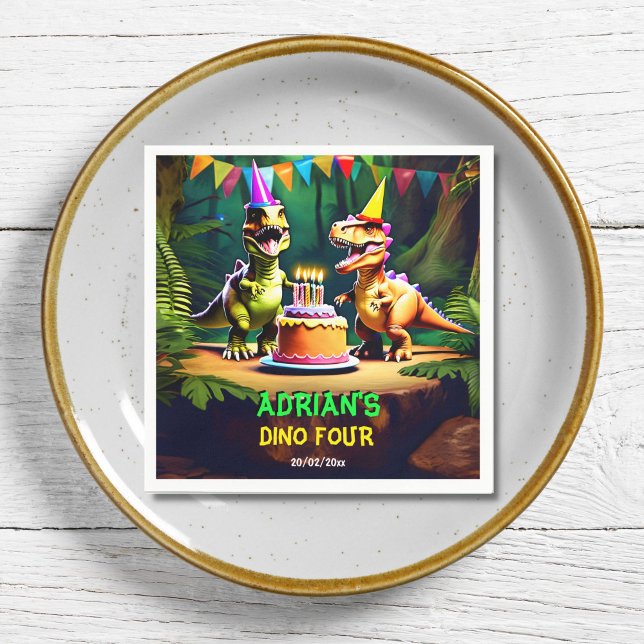 Servilleta De Papel Plantilla de vajilla de cumpleaños de Dino cuatro  (Dino four dinosaur birthday party tableware template napkins personalized name t-rex napkins)