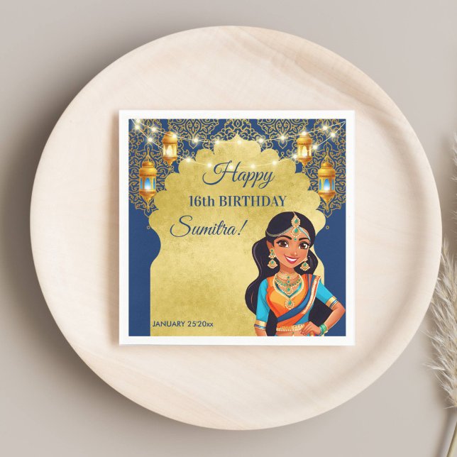 Servilleta De Papel Plantilla impresa de la fiesta de cumpleaños de ch (Indian style girls birthday party printed template napkins personalized table decor blue and gold)
