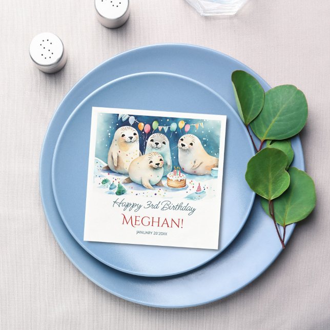Servilleta De Papel Plantilla personalizada de cumpleaños de foca árti (Arctic seal winter wonderland birthday party personalized napkins template customizable table decor)
