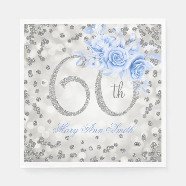 Servilleta De Papel Plata 60.º cumpleaños luces de vidrio floral azul (Anverso)