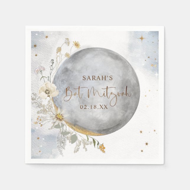 Servilleta De Papel Plata de moda, Azul, Dorada Celestial Moon Bat Mit (Anverso)