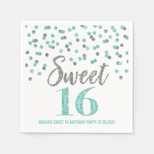 Servilleta De Papel Plata Turquesa Confetti Dulce 16 Cumpleaños