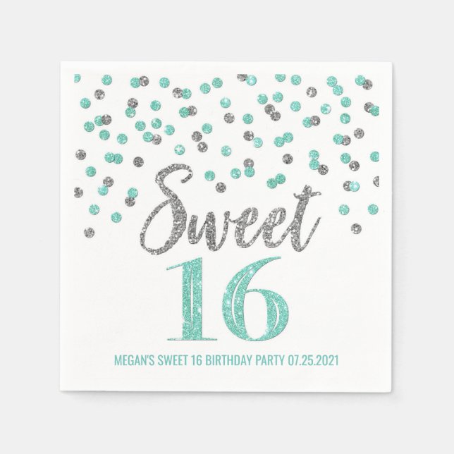 Servilleta De Papel Plata Turquesa Confetti Dulce 16 Cumpleaños (Anverso)