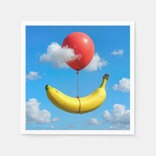 Servilleta De Papel Plátano Maduro Flotando En El Cielo con Globo Rojo