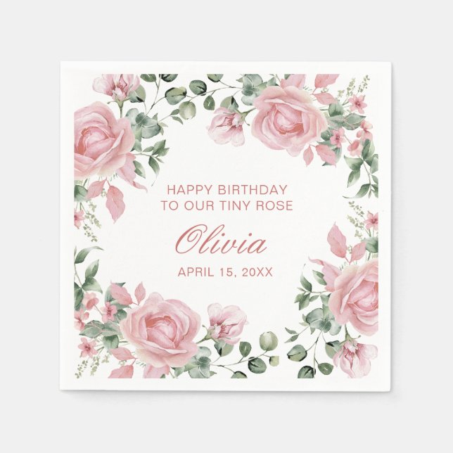 Servilleta De Papel Plato de fiesta de cumpleaños número uno con rosa  (Anverso)