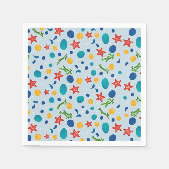 Servilleta De Papel Playa de verano con peces estrella, conchas y pied (Anverso)