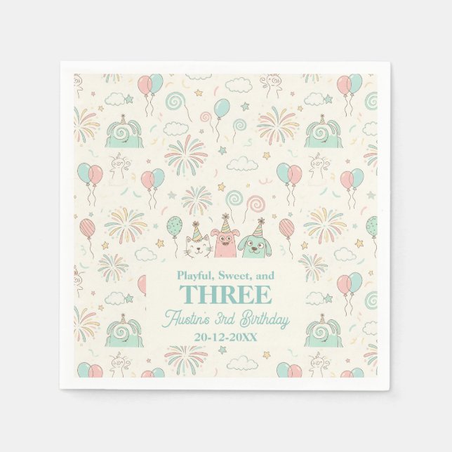 Servilleta De Papel Playful Sweet and Three Kids Birthday  (Anverso)