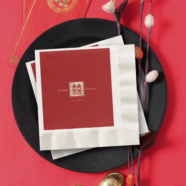 Servilleta De Papel Plaza roja doble felicidad Boda chino de oro (Gold/Red Classic Square Double Happiness Modern Chinese Wedding Paper Napkins @ fatfatin_red_knot)