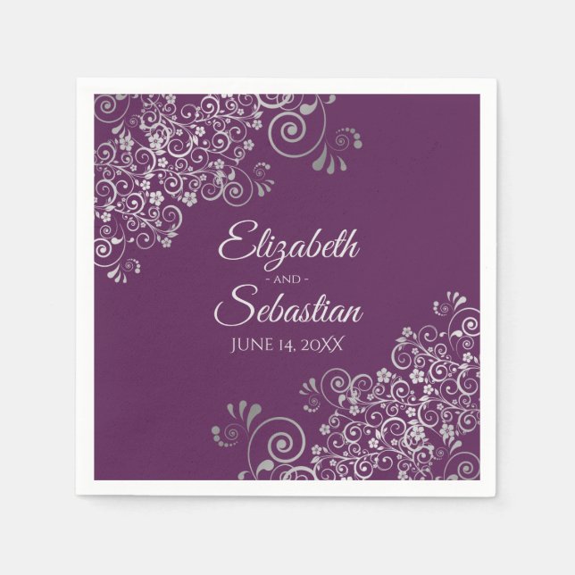 Servilleta De Papel Plum Purple with Silver Frills Elegant Wedding (Anverso)