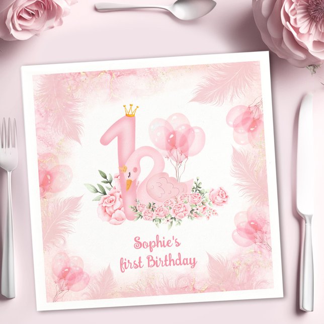 Servilleta De Papel Pluma de la flor de cisne Chica blanco rosado Prim (Swan Floral Feather Pink White Girl 1st Birthday Napkins)