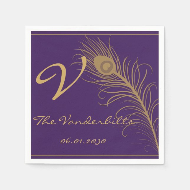 Servilleta De Papel Pluma de pavo real en oro y ciruela morada (Anverso)