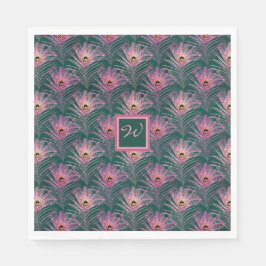 Servilleta De Papel Plumas de pavo real rosado y monograma sobre verde