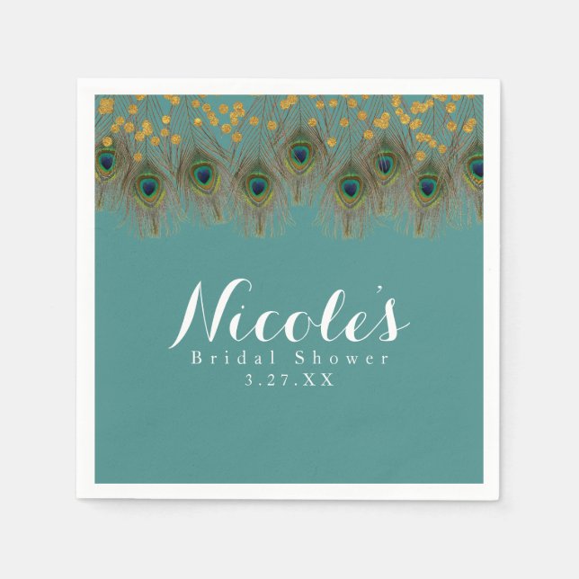 Servilleta De Papel Plumas de pavo real y puntos dorados FIESTA DE CUA (Anverso)