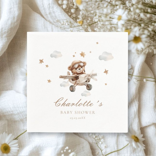 Servilleta De Papel ¡Podemos Esperar! (We Can Bearly Wait! Teddy Bear & Airplane White Napkins. Personalized with your name & date.)