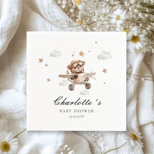 Servilleta De Papel ¡Podemos Esperar! (We Can Bearly Wait! Teddy Bear & Airplane White Napkins. Personalized with your name & date.)