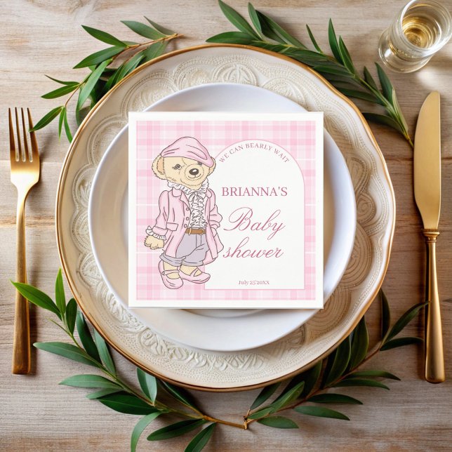 Servilleta De Papel Podemos esperar con ansias el monograma de la duch (We can bearly wait pink plaid teddy bear baby shower monogrammed printed napkins personalized decor)
