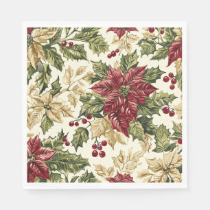 Servilleta De Papel Poinsettia de Navidad de Champán Carmesí Acebo