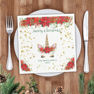 Servilleta De Papel Poinsettia de Navidad Unicornio con fuente verde F